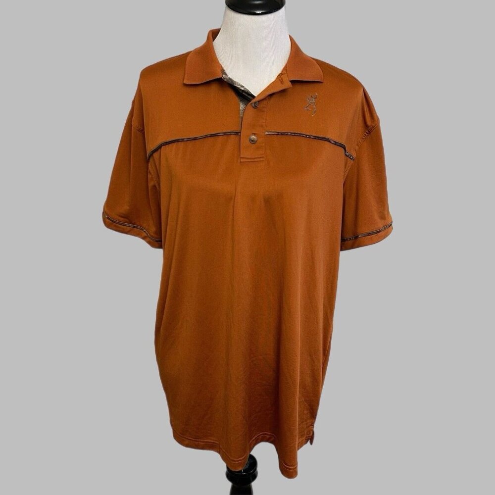 Browning Polo Mens MEDIUM Rust Orange Camo Trim Short Sleeve Shirt Lightweight